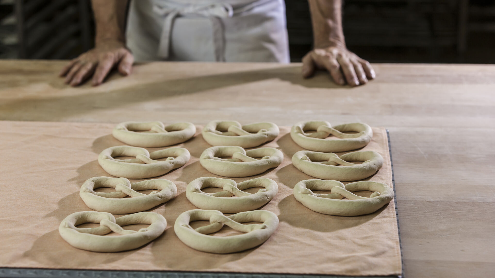 Mehrere rohe Laugenbrezeln liegen gleichmäßig angeordnet auf Backpapier auf einem Arbeitstisch.